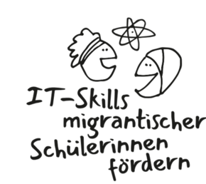 Comic gekritzel, dazu Text: IT Skills migrantischer Schülerinnern fördern