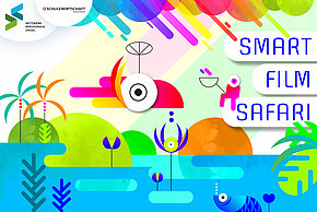Ein buntes Bild mit Inseln, die in einem abstrakten Meer schwimmen. Rechts Text: Smart Film Safari. Links oben die Logos des Berufswahlsiegelnetzwerks und von Schulewirtschaft Deutschland. 
