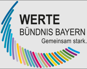 Das Logo des Werte Bündnis Bayern: Bunte Striche, im Halbkreis angeordnet. Unter dem WBB Text der Slogan "Gemeinsam Stark."
