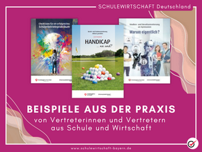 Drei verschiedene Broschüren zu schulischen Themen auf einem magentafarbenem Hintergrund. Mit bunten, abstrakten Eckenelementen
